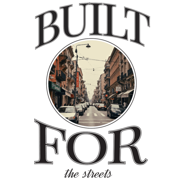 A circular typographic composition framing a downtown urban neighborhood design