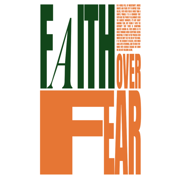 A typographic design in orange and green with a divine inspiration phrase design