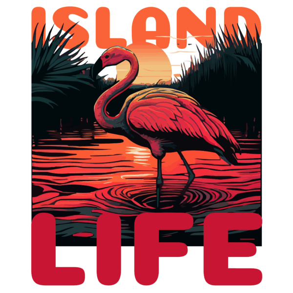 Composition with flamingo in lake with phrases top and bottom design