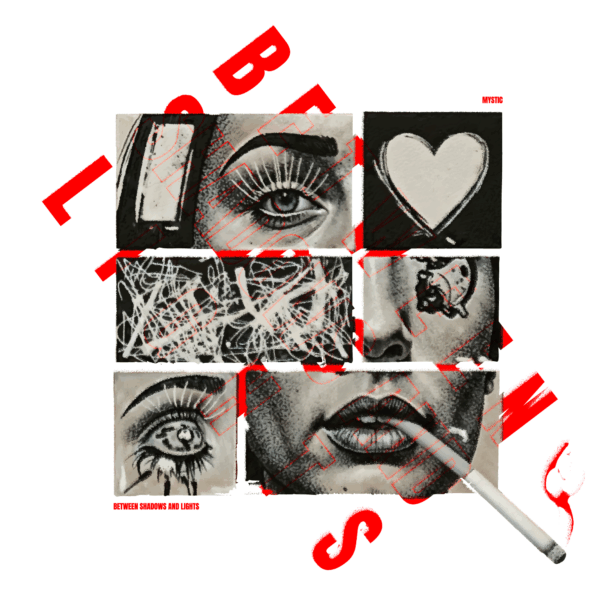 Abstract face collage with eye and heart design