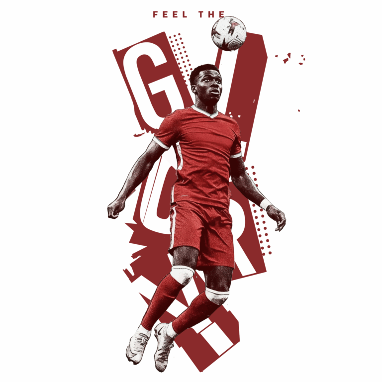 Boy playing soccer with cutout text design