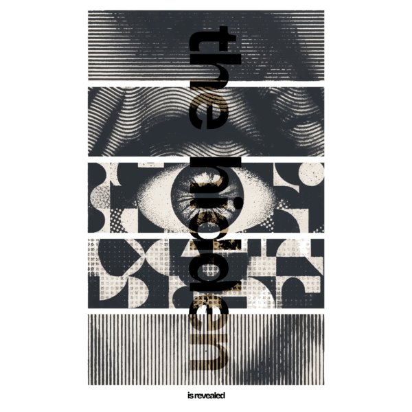 Cutouts of shape and eye patterns with vertical phrase design