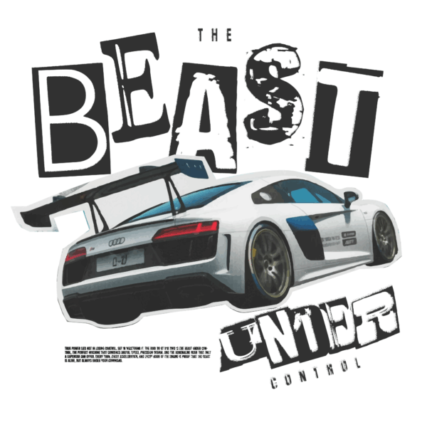 Racing car with a phrase in newspaper cutout and glitch effect design