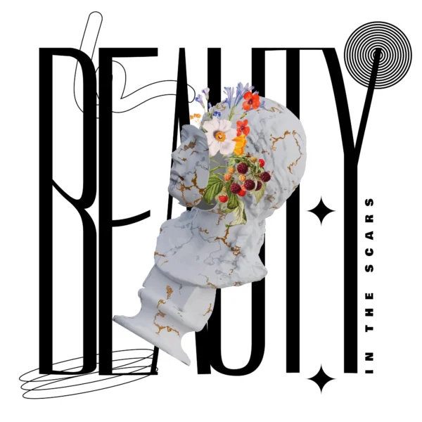 Cracked statue typography art with floral elements design