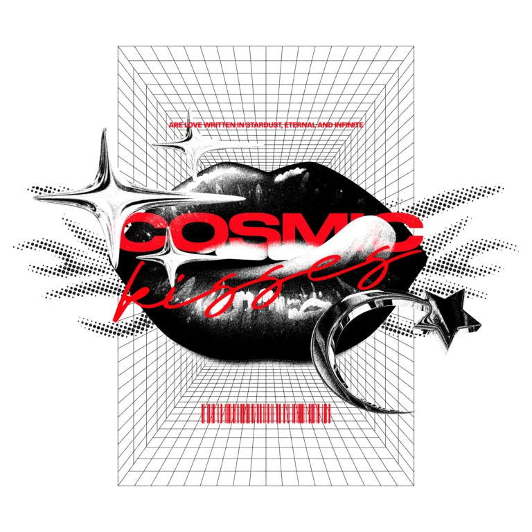 Surreal black and red lips with space elements design
