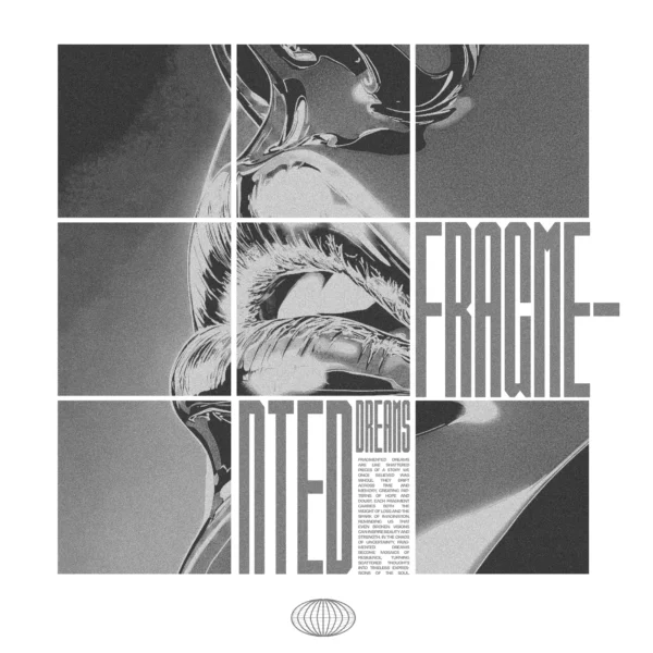 Surreal metallic lips artwork with vertical text design