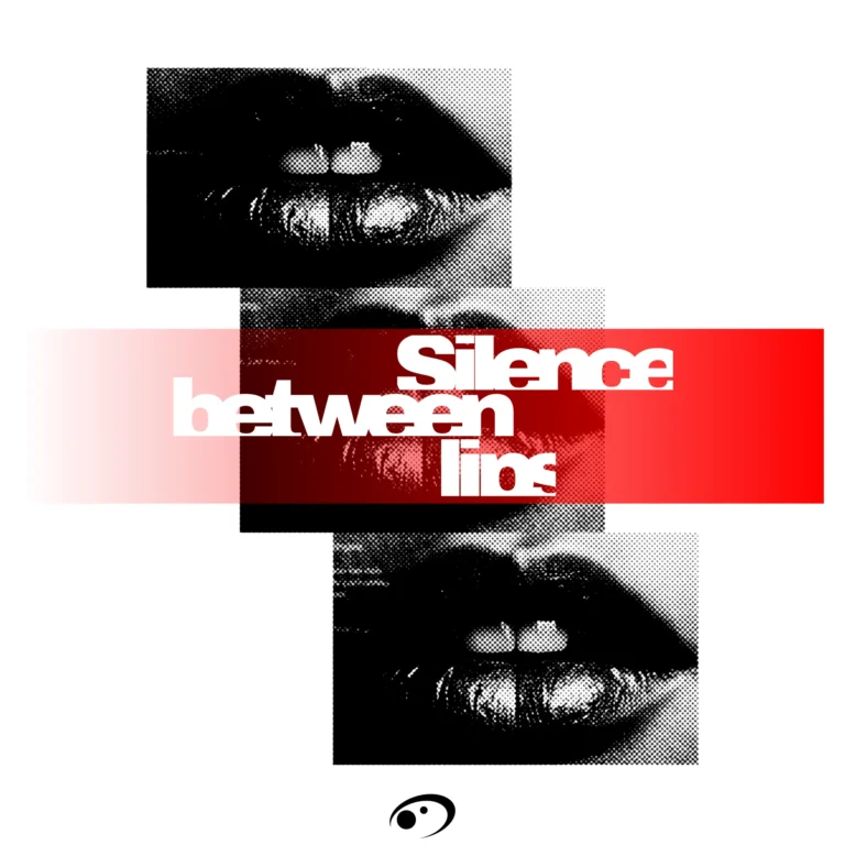 Halftone lips with red gradient band and bold sans typography design