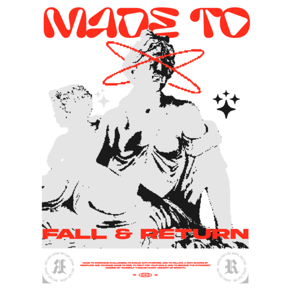 Grayscale statue with neon red caption design