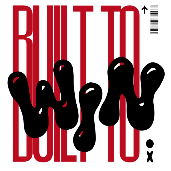 Red tall display letters covered by black drip mark design