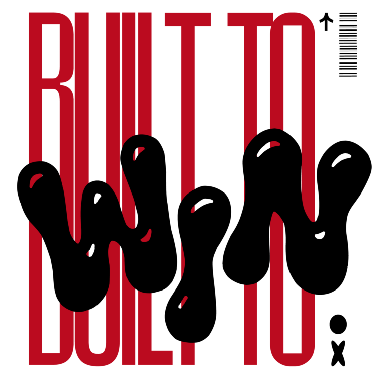 Red tall display letters covered by black drip mark design